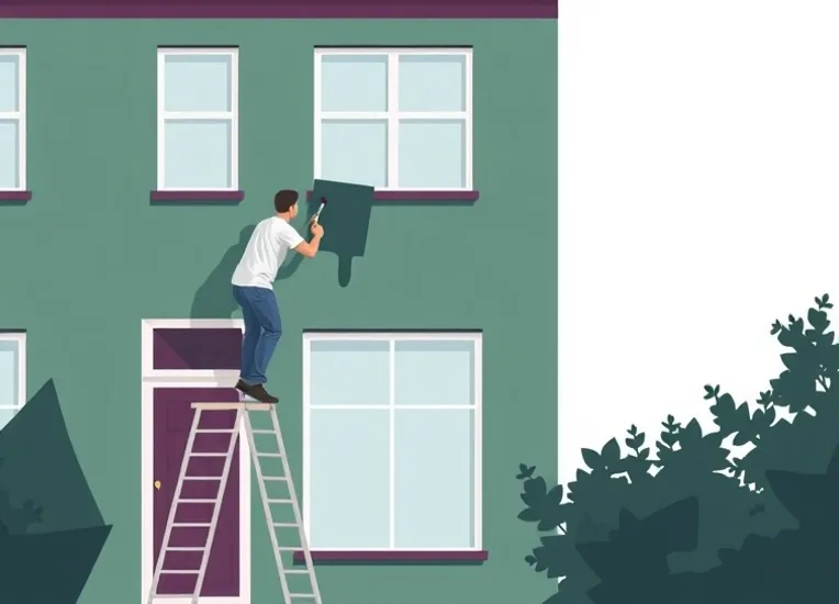 Peintre sur échafaudage traitant la façade d'une maison