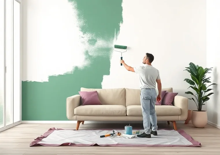 Peintre appliquant la peinture au rouleau sur un mur de salon